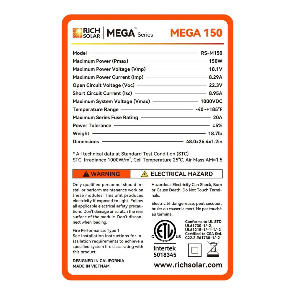 Technical specification label for the Rich Solar MEGA 150 (Model RS-M150) 150W solar panel showing electrical ratings and certification data.