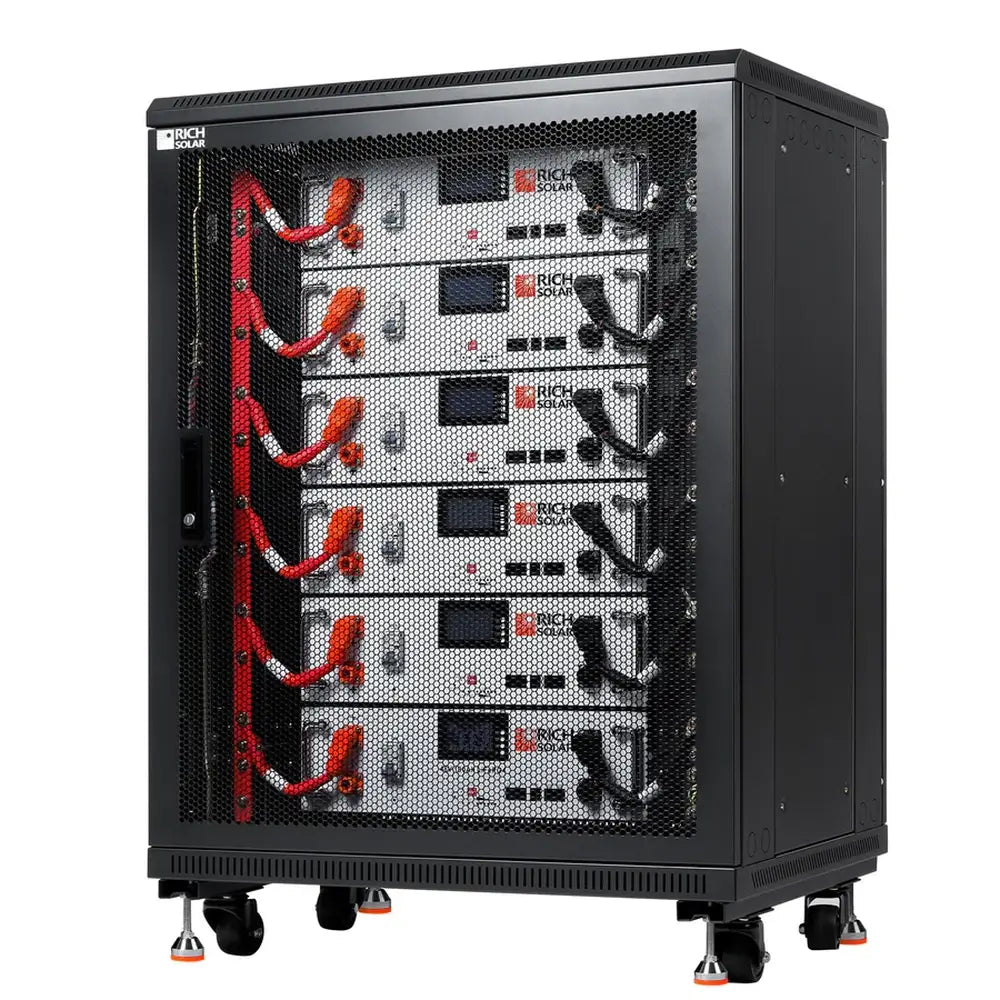 Studio shot of a black Rich Solar ALPHA 5 server rack battery cabinet holding six 48V 100Ah LiFePO4 battery modules on wheels.