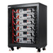 Studio shot of a black Rich Solar ALPHA 5 server rack battery cabinet holding six 48V 100Ah LiFePO4 battery modules on wheels.