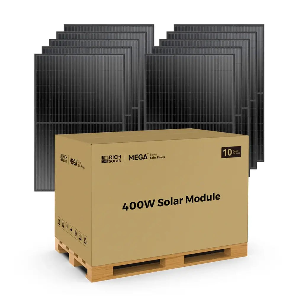 10-piece wholesale package of Rich Solar MEGA series 400W all-black solar panels on a shipping pallet.
