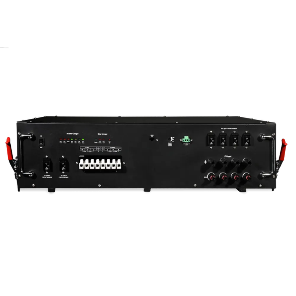 Close-up of AIMS Power solar generator battery state of charge LEDs, on/off switch, CAN and RS485 communication ports.