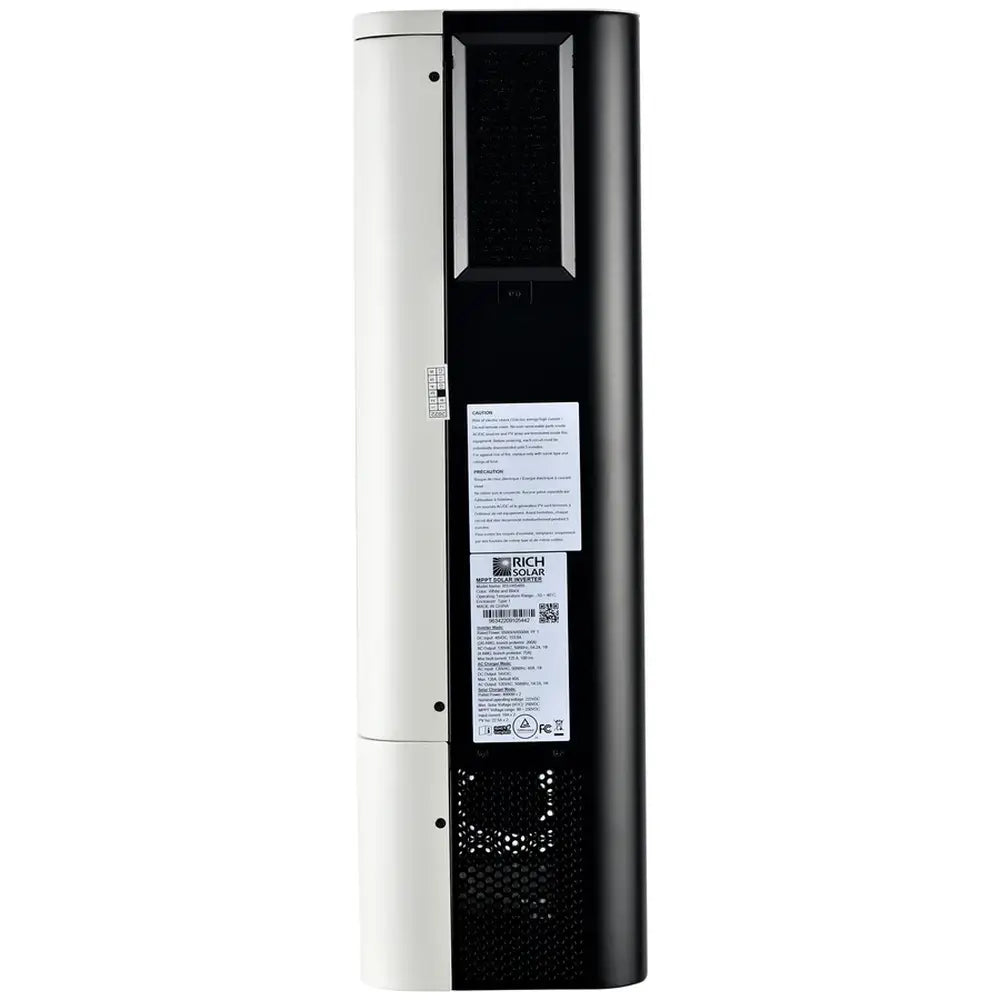 Side profile view of the Rich Solar NOVA 6500S inverter showing the technical specifications sticker and safety labels.