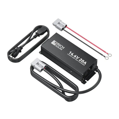 Rich Solar RS-BC12V20 14.4V 20A LiFePO4 battery charger shown with its included AC power cord, attached Anderson connector cable, and ring terminal adapter cable on a white background.