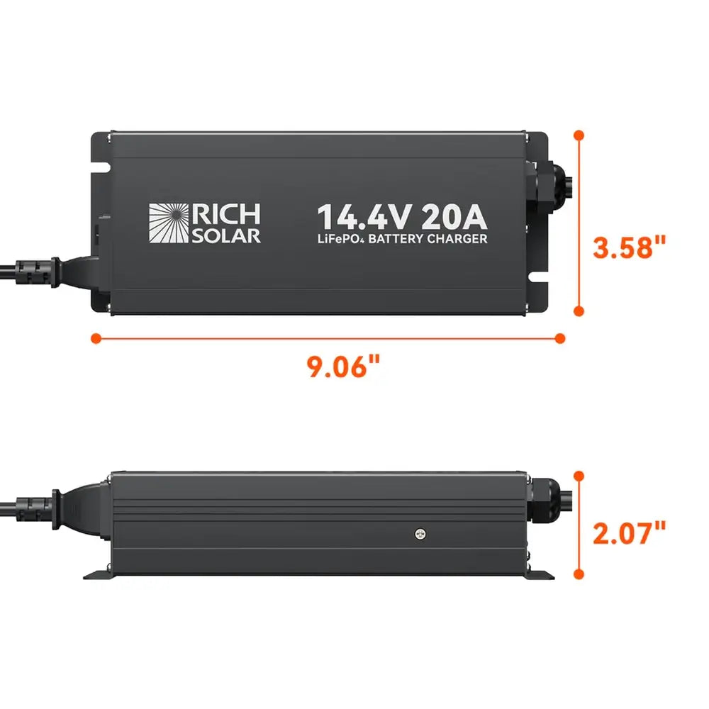 Dimensional specifications diagram for the Rich Solar 12V 20A lithium battery charger highlighting a 9.06-inch length, 3.58-inch width, and 2.07-inch height.