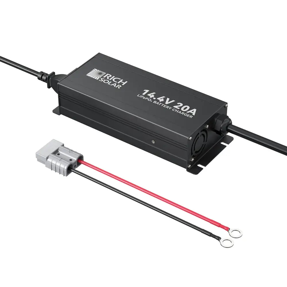 Overhead perspective of the Rich Solar RS-BC12V20 12V LiFePO4 battery charger showcasing its sleek black aluminum housing and integrated mounting tabs.