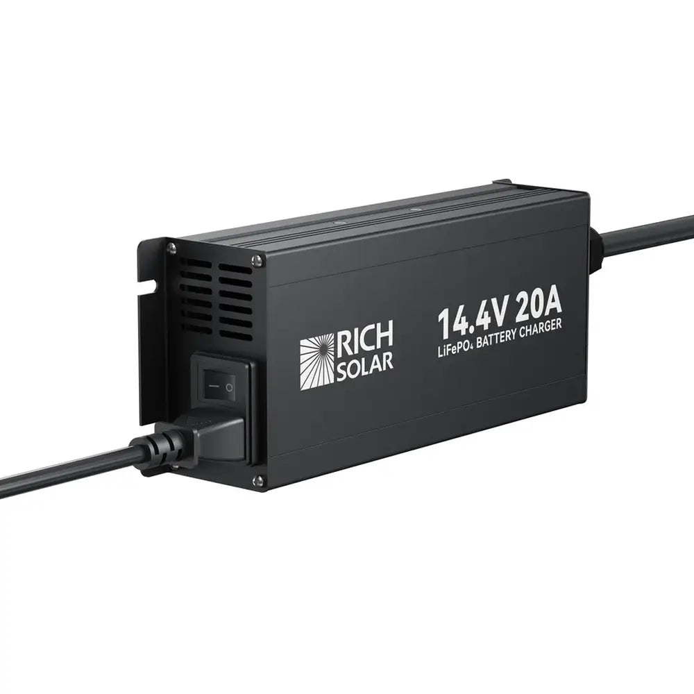 Close-up of the AC input end panel on a Rich Solar RS-BC12V20 battery charger featuring the ON/OFF power switch, removable power cord inlet, and ventilation slots.