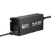 Close-up of the AC input end panel on a Rich Solar RS-BC12V20 battery charger featuring the ON/OFF power switch, removable power cord inlet, and ventilation slots.