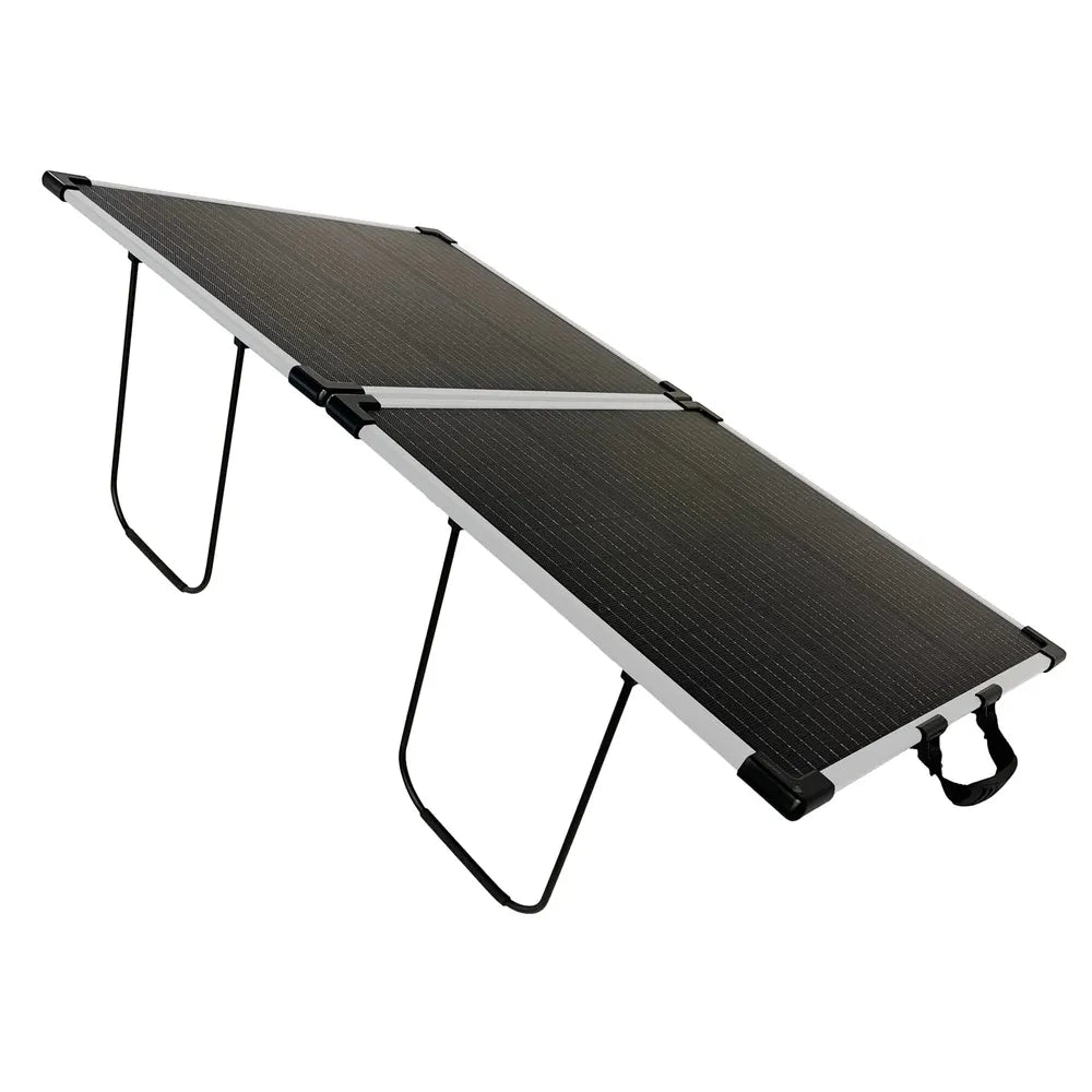 Lion Energy 100W LW portable solar panel set on built-in kickstands for angled sun exposure and off-grid charging