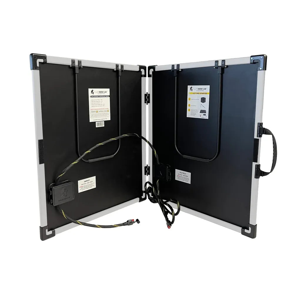 Lion Energy 100W LW 12V solar panel opened to show rear connections, labels, wiring, and dual folding panels on a white background