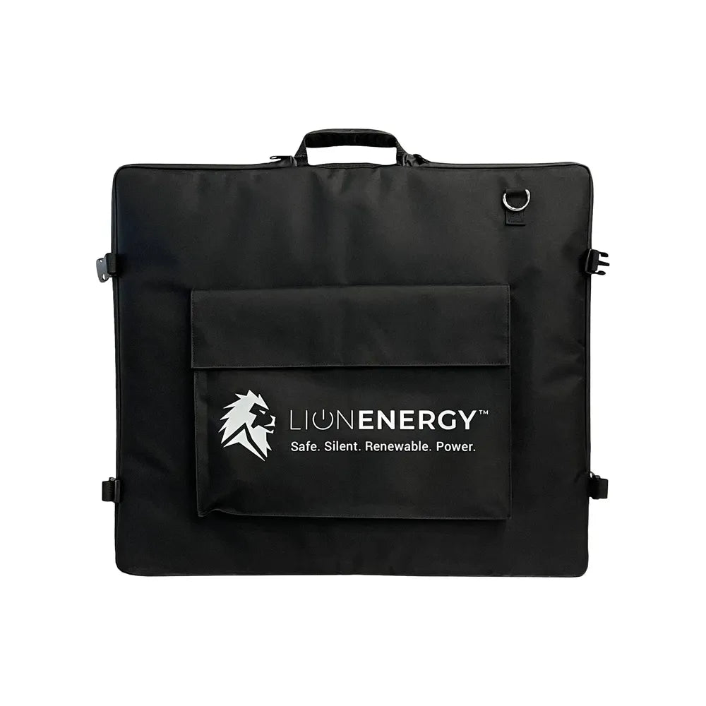 Lion Energy branded carrying case for the 100W LW solar panel with front storage pocket, handle, and black fabric exterior