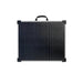Front view of Lion Energy 100W LW 12V solar panel folded closed with black solar cell surface and silver frame