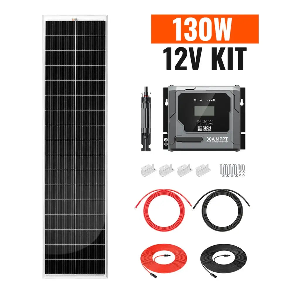 Rich Solar 130W 12V Kit product display with an orange text graphic badge, showcasing the complete off-grid solar setup with a slim monocrystalline panel and 30A MPPT controller.