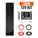 Rich Solar 130W 12V Kit product display with an orange text graphic badge, showcasing the complete off-grid solar setup with a slim monocrystalline panel and 30A MPPT controller.