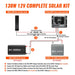 Wiring and installation diagram for the Rich Solar 100W 12V Complete Solar Kit, detailing step-by-step connections between the slim solar panel, 30 Amp MPPT controller, battery, and power inverter.
