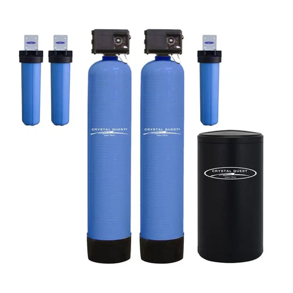 Crystal Quest High Flow Water Filtration system with two blue tanks, three cartridge filters, and black brine tank.