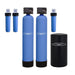 Crystal Quest High Flow Water Filtration system with two blue tanks, three cartridge filters, and black brine tank.