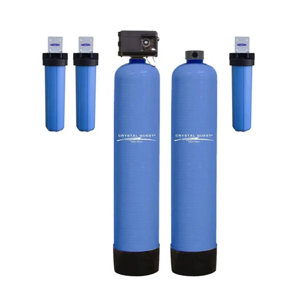 Crystal Quest High Flow Water Filtration system with two blue tanks and three wall-mount cartridge filters.