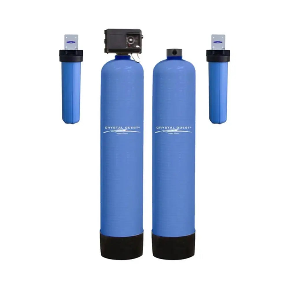 Crystal Quest High Flow Water Filtration system with twin blue tanks and two blue cartridge filters.