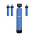 Crystal Quest High Flow Water Filtration system with one blue media tank and three blue cartridge filters.