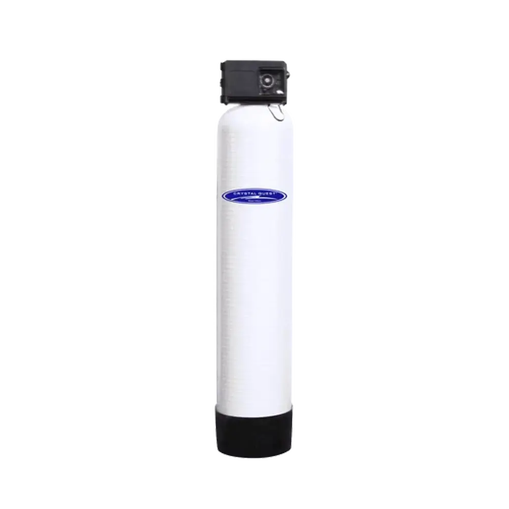 Crystal Quest demineralizing water filtration system tall white tank with black control valve for whole house water purification.