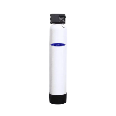 Crystal Quest demineralizing water filtration system tall white tank with black control valve for whole house water purification.