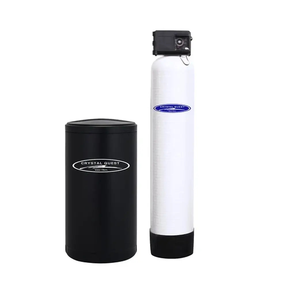 Crystal Quest commercial water softener filtration system with tall white resin tank and black brine tank.