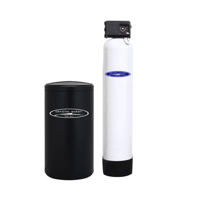 Crystal Quest commercial water softener filtration system with tall white resin tank and black brine tank.