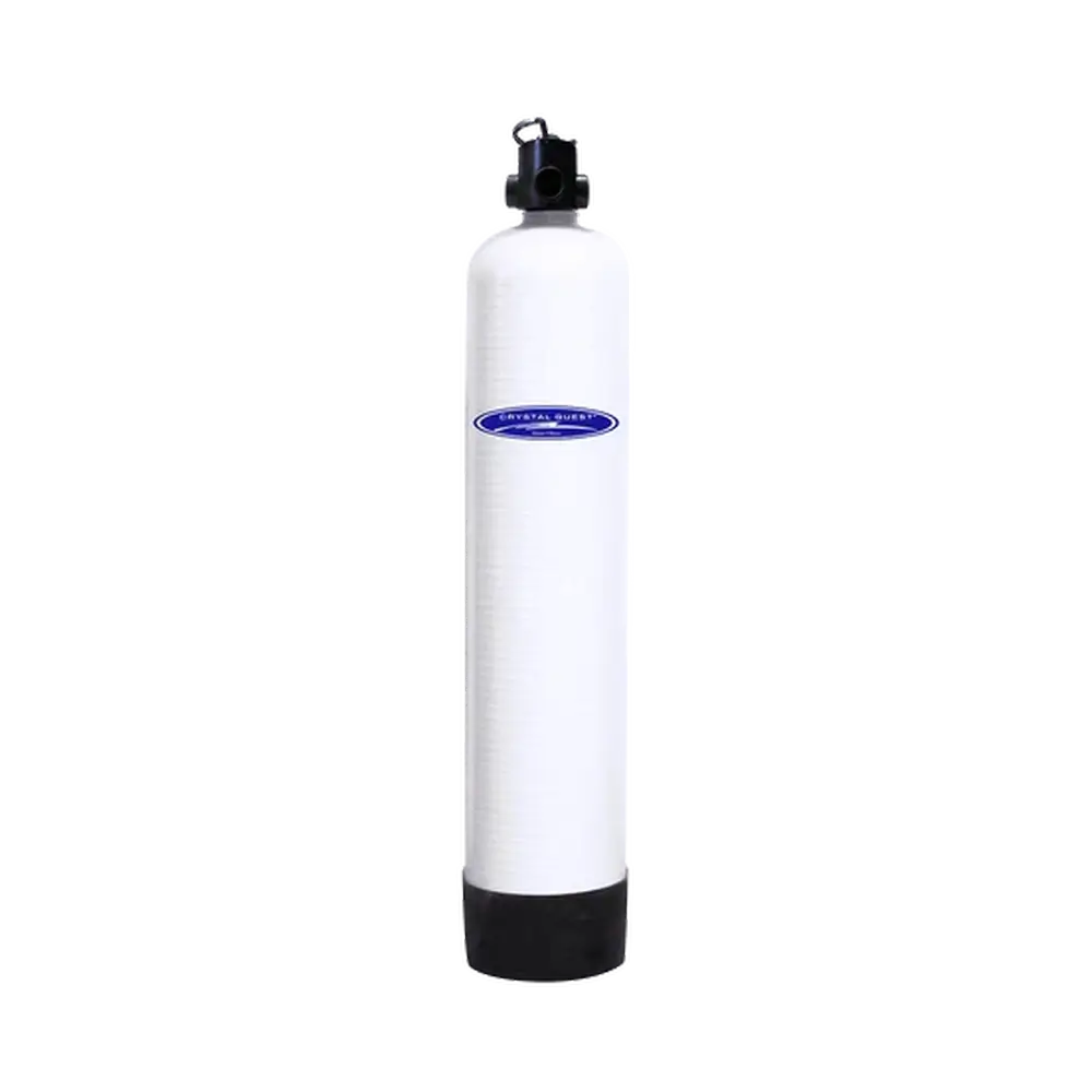 Slim Crystal Quest demineralizing water filtration system with white cylindrical tank and top inlet valve for clean water treatment.