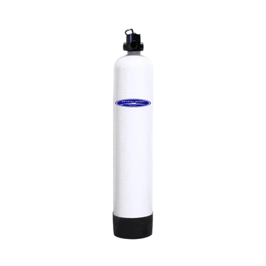 Crystal Quest SMART GAC Commercial Filtration System with tall white tank and black control valve
