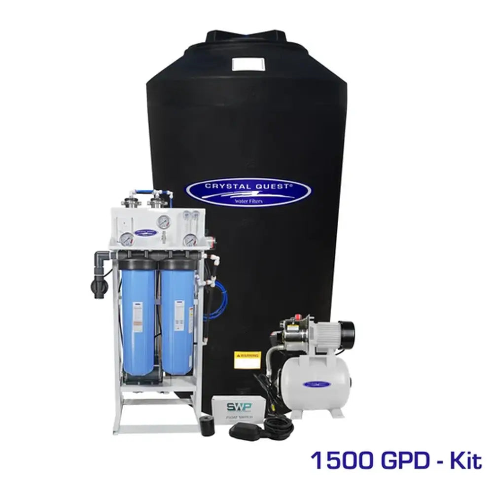 Crystal Quest 1500 GPD Whole House RO water filter system with vertical 165-gallon storage tank and integrated pump kit.