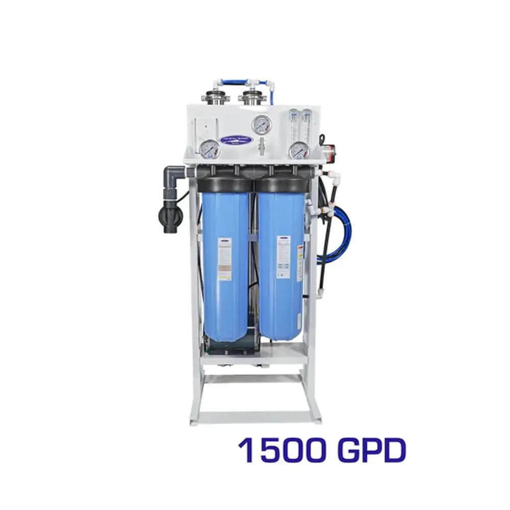 Crystal Quest 1500 GPD Standalone Whole House RO filtration unit on white powder-coated floor mount frame.