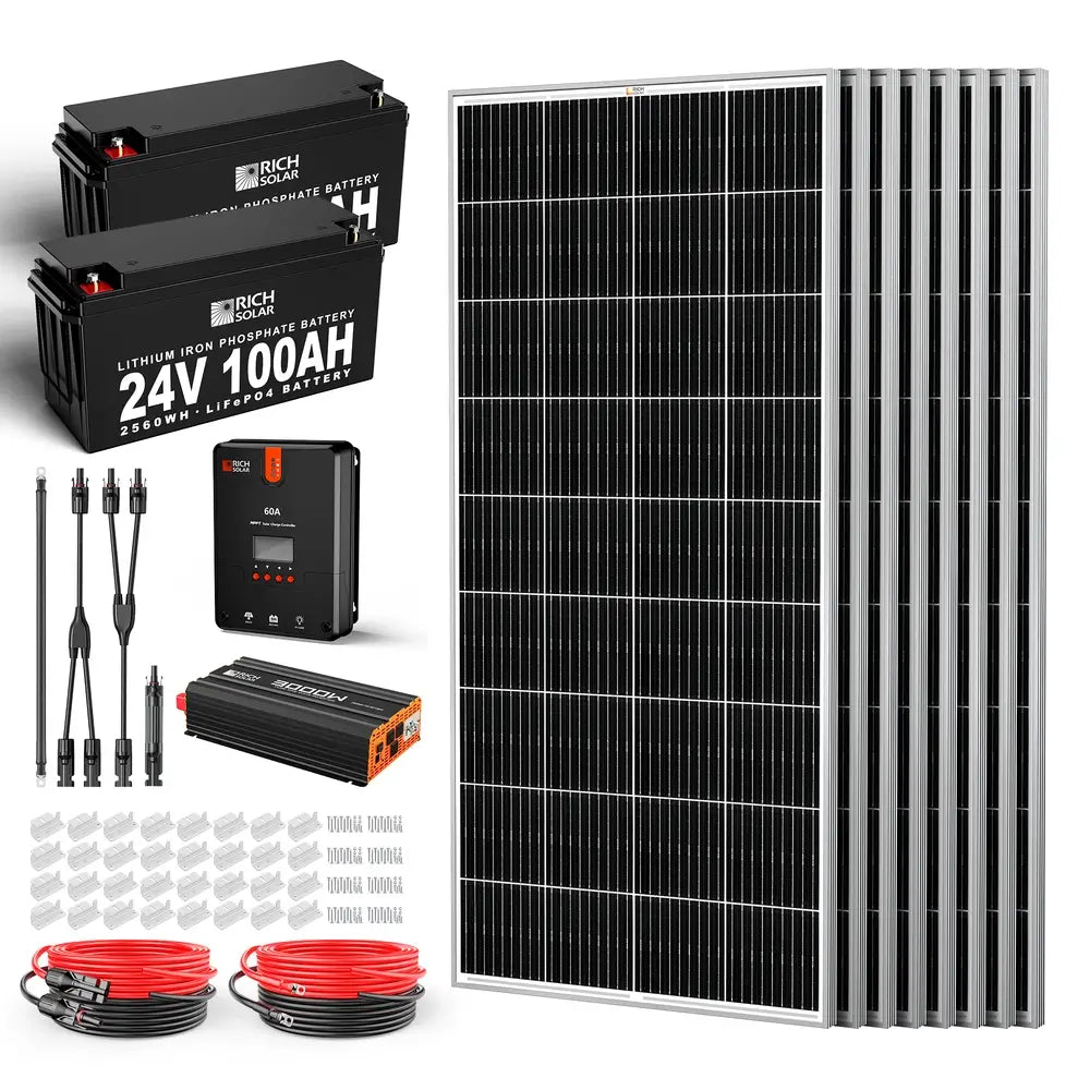 Rich Solar 1600W 24V complete solar kit including eight solar panels, two 24V 100Ah LiFePO4 lithium batteries, 60A MPPT charge controller, and 3000W inverter.