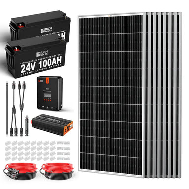 Rich Solar 1600W 24V complete solar kit including eight solar panels, two 24V 100Ah LiFePO4 lithium batteries, 60A MPPT charge controller, and 3000W inverter.