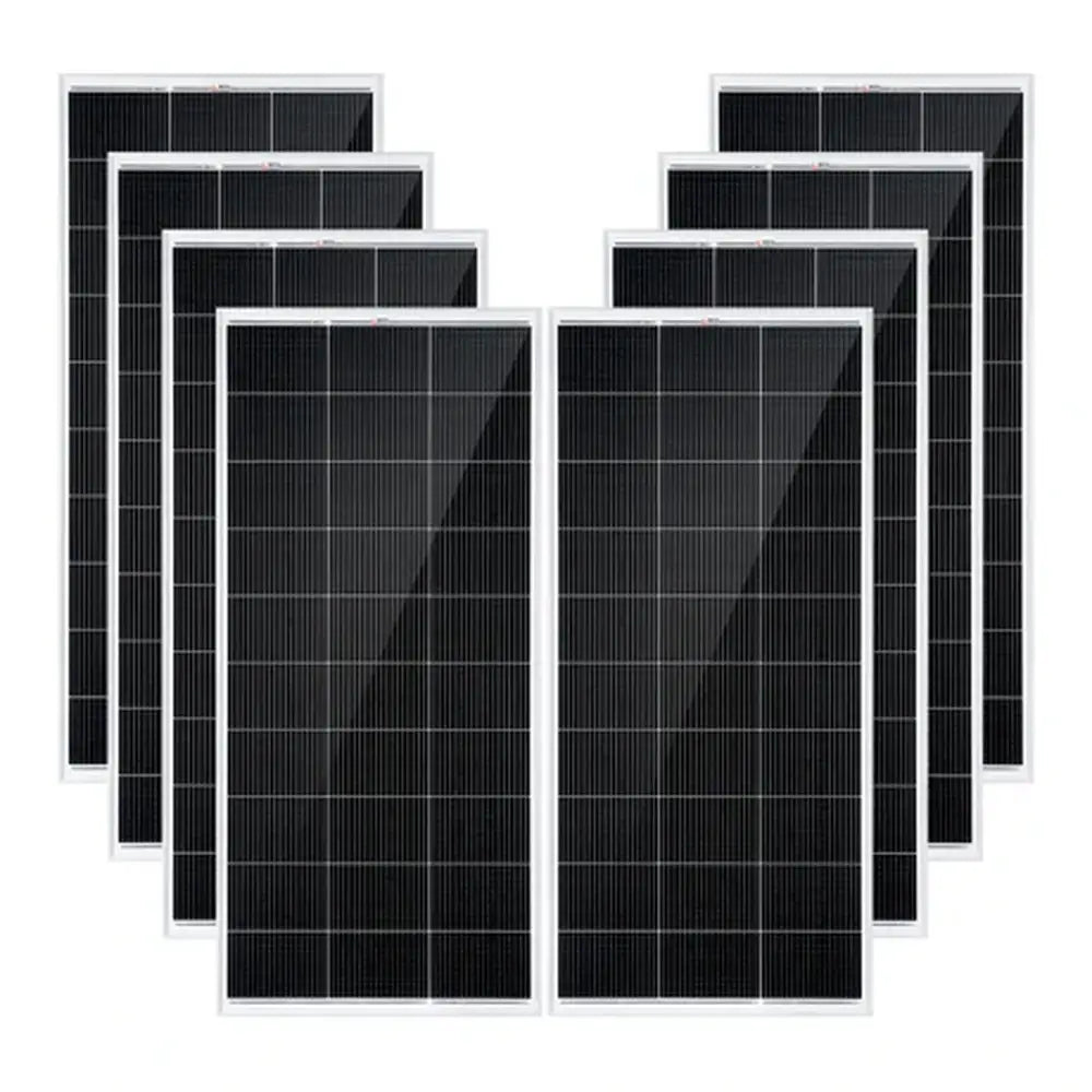 Eight Rich Solar 200W solar panels arranged symmetrically in a cascading layout, forming a 1600W off-grid solar array.