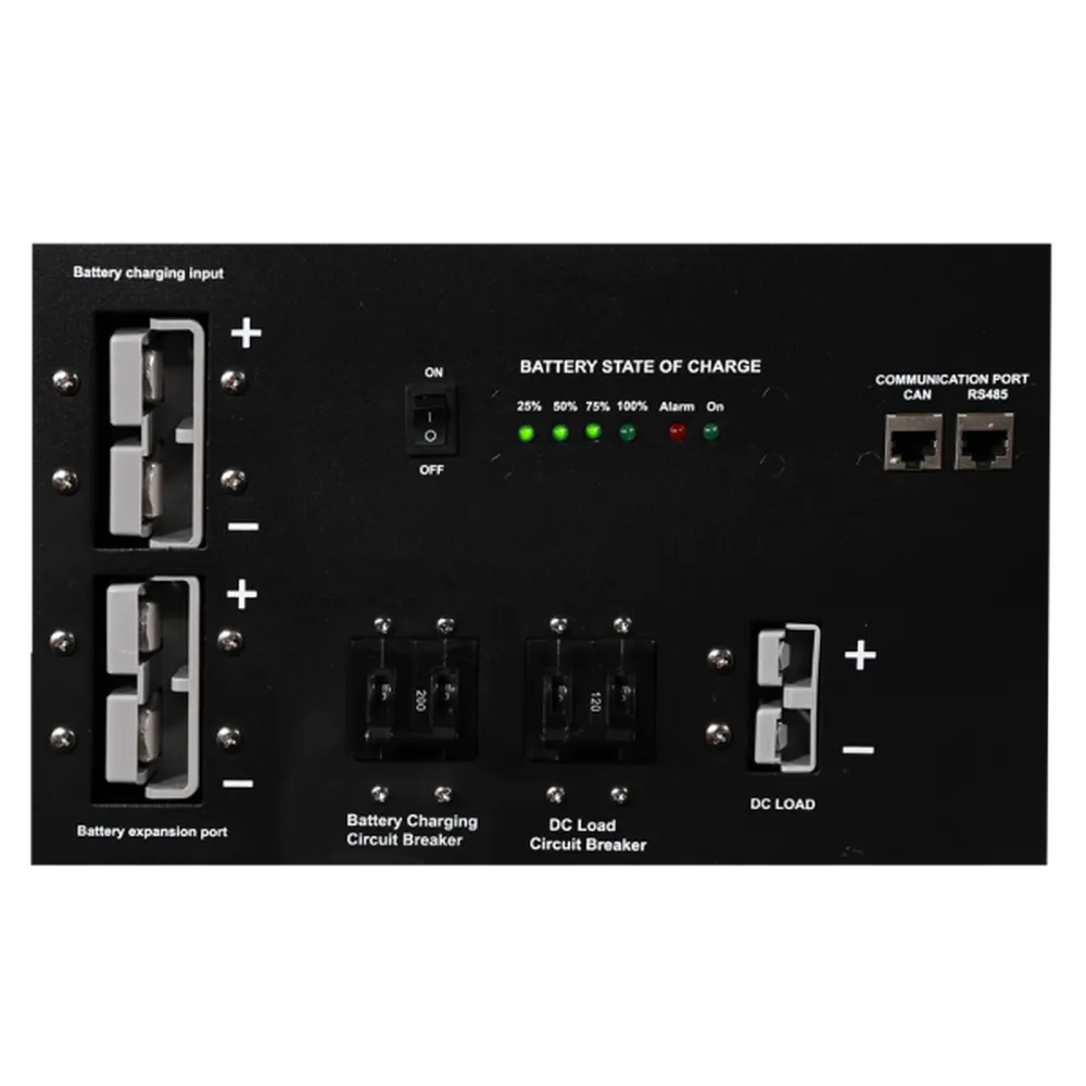 Close-up of AIMS Power solar generator battery ports, state of charge LEDs, CAN/RS485 communication, and circuit breakers.