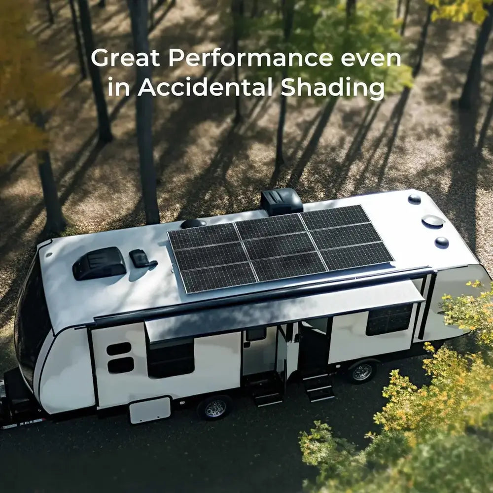 Aerial view of a luxury RV camper parked under trees with Renogy off-grid solar panels mounted on the roof, highlighting accidental shading performance.