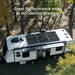 Aerial view of a luxury RV camper parked under trees with Renogy off-grid solar panels mounted on the roof, highlighting accidental shading performance.