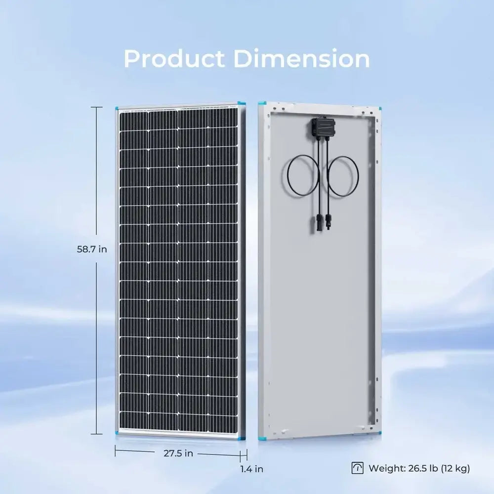Size diagram of Renogy 200W solar panel showing front and back views with dimensions: 58.7 inches high, 27.5 inches wide, 1.4 inches thick, and 26.5 lbs weight.