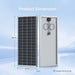 Size diagram of Renogy 200W solar panel showing front and back views with dimensions: 58.7 inches high, 27.5 inches wide, 1.4 inches thick, and 26.5 lbs weight.
