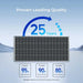 Renogy solar panel warranty graphic illustrating a 25-year output performance guarantee (95% at 5 years, 80% at 25 years) and 10-year material warranty.