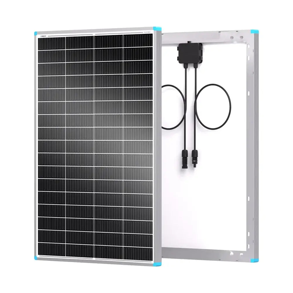 Front and back view of a Renogy N-Type monocrystalline solar panel highlighting the silver aluminum frame, junction box, and MC4 connectors.