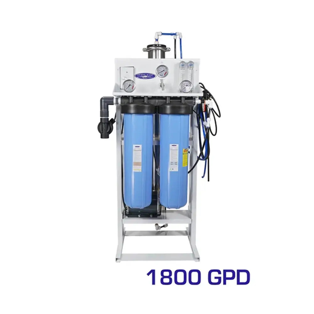 Standalone Crystal Quest 1800 GPD Whole House Reverse Osmosis System with dual blue filter housings and stainless steel membrane vessels.