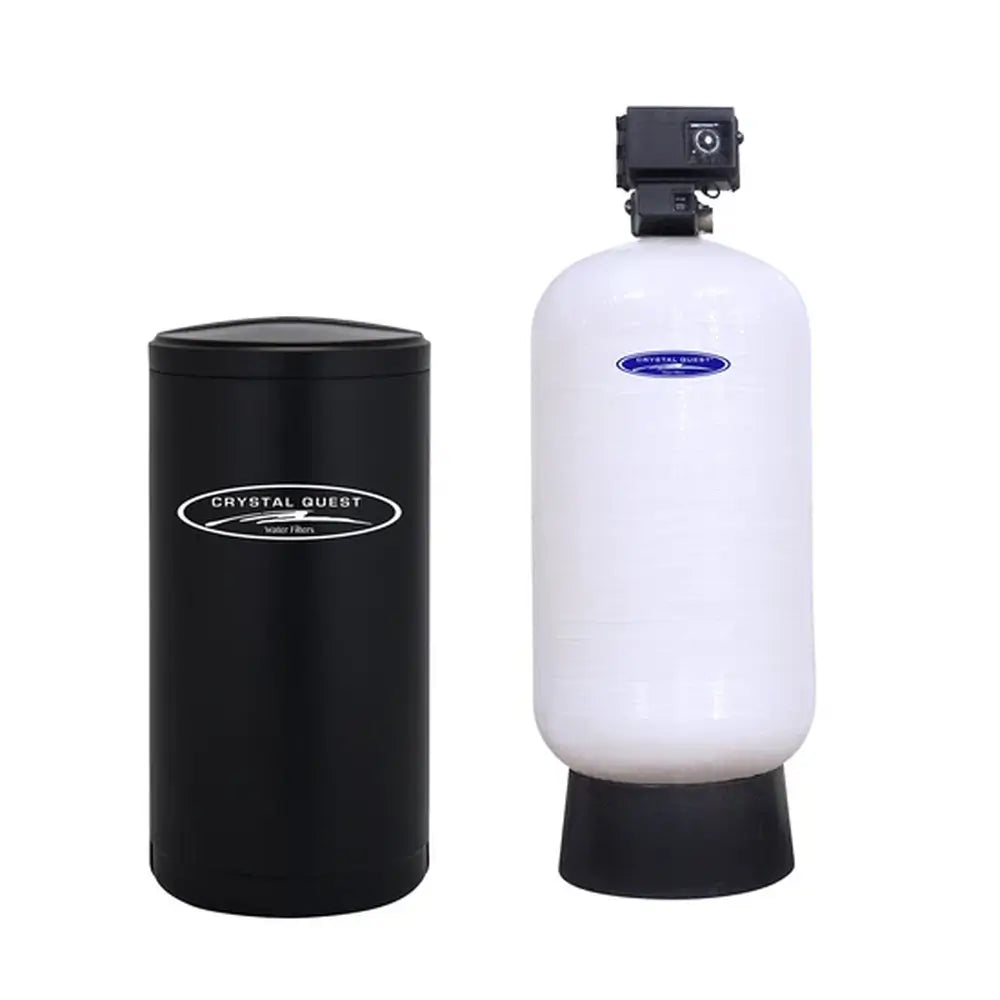 Crystal Quest water filtration system for commercial use with a mid-profile white tank and black brine container.
