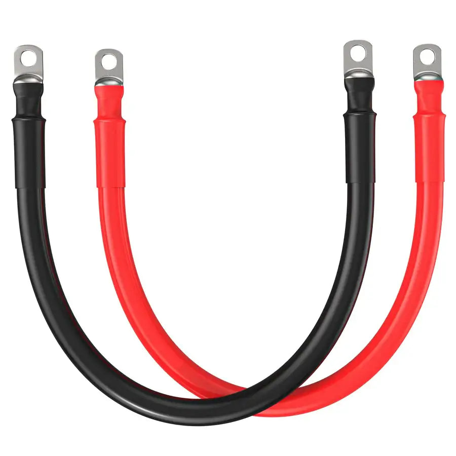 Rich Solar 1ft heavy-duty battery interconnect cables in red and black with ring terminals for off-grid solar storage.