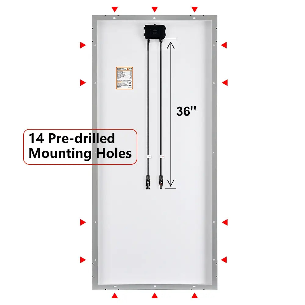 Rear view of the Rich Solar 200W solar panel highlighting 14 pre-drilled mounting holes for easy installation.