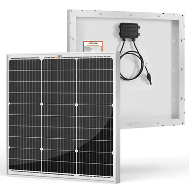 Front and rear view of a Rich Solar MEGA 50W 12V solar panel with a silver aluminum frame and white backsheet.