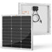 Front and rear view of a Rich Solar MEGA 50W 12V solar panel with a silver aluminum frame and white backsheet.