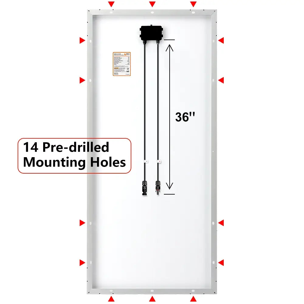 Rear view of Rich Solar MEGA 200 PRO 24V solar panel showing 14 pre-drilled mounting holes and 36-inch output cables.
