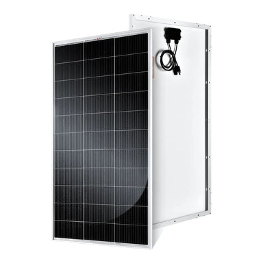 Front and back view of a Rich Solar MEGA 150W monocrystalline solar panel standing upright against a white background.