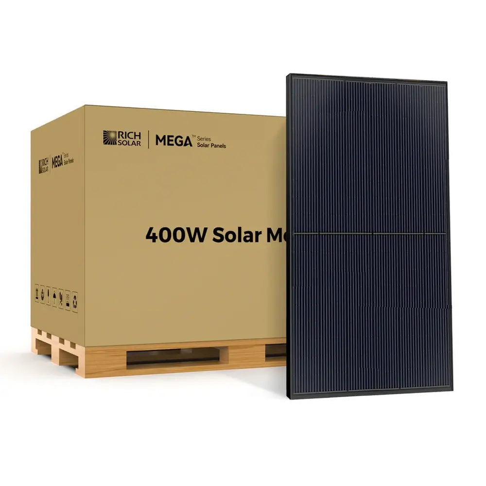 Rich Solar MEGA 400W solar panel standing next to a branded shipping box on a wooden pallet.